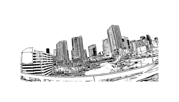 Print Building View Landmark Miami City Florida Ručně Kreslená Kresba — Stockový vektor
