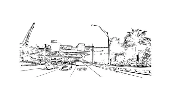 Print Building View Landmark Miami Staden Florida Handritad Skiss Illustration — Stock vektor