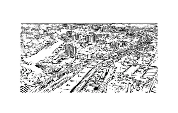 有迈阿密地标的印刷厂是佛罗里达州的城市 矢量手绘草图 — 图库矢量图片