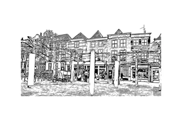 米德尔堡的标志性建筑是荷兰的一个城市 矢量手绘草图 — 图库矢量图片