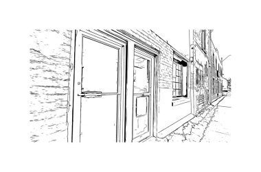 Midland 'ın simgesi olan Print Building View Michigan' da yer almaktadır. Vektörde elle çizilmiş çizim çizimi.