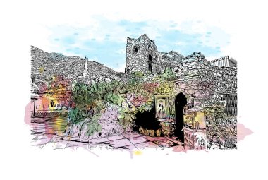 Mijas, İspanya 'da bir şehirdir. Vektörde elle çizilmiş resim ile suluboya sıçraması.