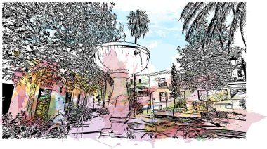 Mijas, İspanya 'da bir şehirdir. Vektörde elle çizilmiş resim ile suluboya sıçraması.