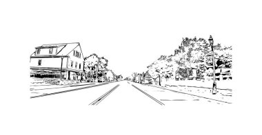 Milford 'un simgesi olan Print Building View Connecticut şehridir. Vektörde elle çizilmiş çizim çizimi.