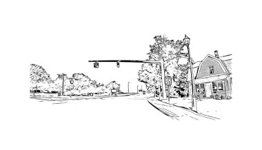 Milford 'un simgesi olan Print Building View Connecticut şehridir. Vektörde elle çizilmiş çizim çizimi.