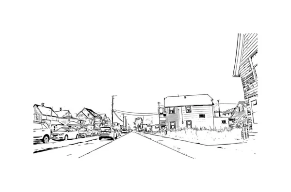 印刷ミルフォードのランドマークがあるビルの眺めはコネチカット州の街です 手描きのスケッチ図ベクトル — ストックベクタ