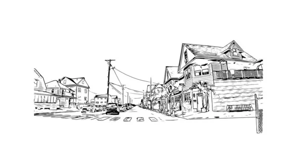 Vytisknout Pohled Budovu Orientačním Bodem Milford Město Connecticutu Ručně Kreslená — Stockový vektor