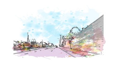 Milford 'un simgesi olan Print Building View Connecticut şehridir. Vektörde elle çizilmiş resim ile suluboya sıçraması.