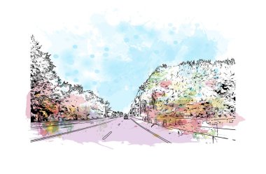 Milford 'un simgesi olan Print Building View Connecticut şehridir. Vektörde elle çizilmiş resim ile suluboya sıçraması.