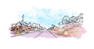 Milford 'un simgesi olan Print Building View Connecticut şehridir. Vektörde elle çizilmiş resim ile suluboya sıçraması.