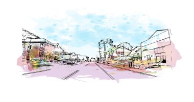 Milford 'un simgesi olan Print Building View Connecticut şehridir. Vektörde elle çizilmiş resim ile suluboya sıçraması.