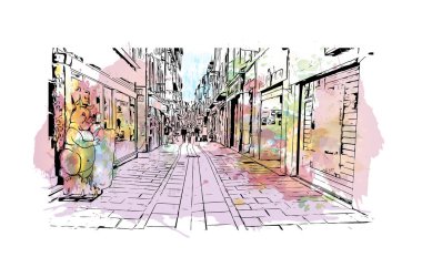 Print Building view with landmark of Millau is the Communes in France. Vektörde elle çizilmiş resim ile suluboya sıçraması.