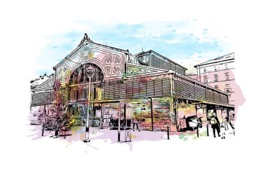 Print Building view with landmark of Millau is the Communes in France. Vektörde elle çizilmiş resim ile suluboya sıçraması.