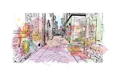 Print Building view with landmark of Millau is the Communes in France. Vektörde elle çizilmiş resim ile suluboya sıçraması.