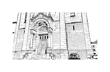 Print Building view with landmark of Millau is the Communes in France. Vektörde elle çizilmiş çizim çizimi.