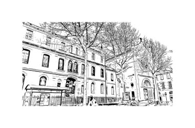 Print Building view with landmark of Millau is the Communes in France. Vektörde elle çizilmiş çizim çizimi.