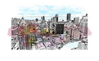 Print Building view with landmark of Milwaukee is the city in Wisconsin. Vektörde elle çizilmiş resim ile suluboya sıçraması.