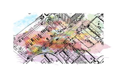 Print Building view with landmark of Milwaukee is the city in Wisconsin. Vektörde elle çizilmiş resim ile suluboya sıçraması.