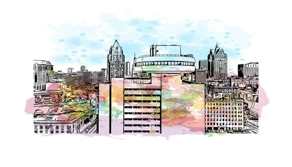 Print Building Vista Com Marco Milwaukee Cidade Wisconsin Esguicho Aquarela — Vetor de Stock