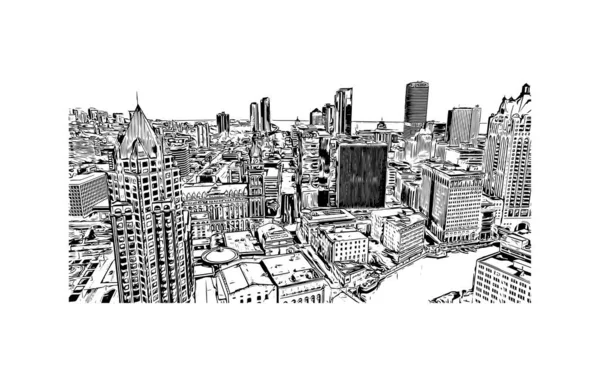 Imprimer Vue Sur Bâtiment Avec Point Repère Milwaukee Est Ville — Image vectorielle