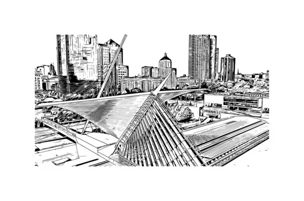 Imprimir Vista Del Edificio Con Hito Milwaukee Ciudad Wisconsin Dibujo — Vector de stock