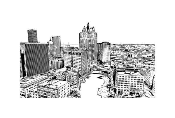 Imprimir Vista Del Edificio Con Hito Milwaukee Ciudad Wisconsin Dibujo — Vector de stock