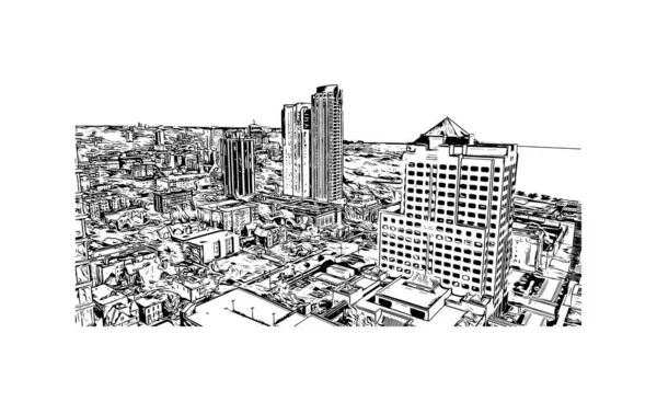 Imprimir Vista Del Edificio Con Hito Milwaukee Ciudad Wisconsin Dibujo — Vector de stock