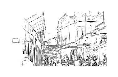 Mytilene 'in simgesi olan Print Building View, Lezbiyenler' in şehridir. Vektörde elle çizilmiş çizim çizimi.