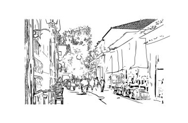 Mytilene 'in simgesi olan Print Building View, Lezbiyenler' in şehridir. Vektörde elle çizilmiş çizim çizimi.