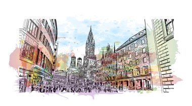 Print Building view with landmark of Münih is the city in Germany. Vektör içinde el çizimi çizimi eşkali ile suluboya sıçraması.