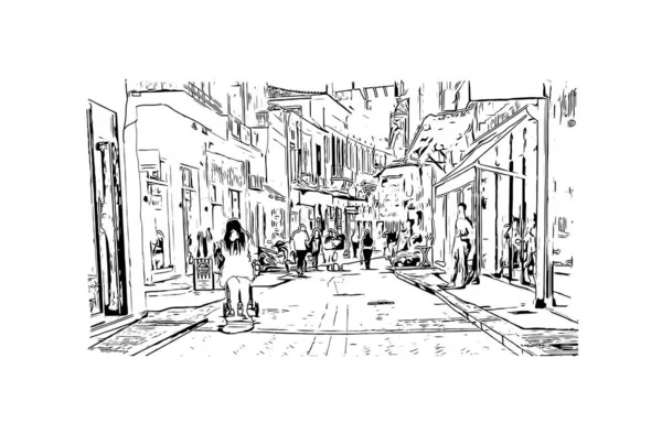 Imprimir Vista Del Edificio Con Hito Mytilene Ciudad Lesbos Dibujo — Archivo Imágenes Vectoriales
