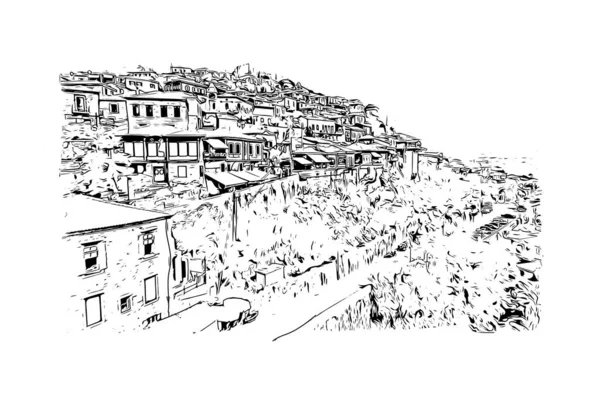 印刷Mytileneのランドマークとビルの景色はレスボス島の街です 手描きのスケッチ図ベクトル — ストックベクタ