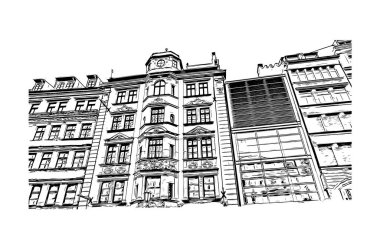 Print Building view with landmark of Münih is the city in Germany. Vektörde elle çizilmiş çizim çizimi.