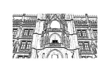 Print Building view with landmark of Münih is the city in Germany. Vektörde elle çizilmiş çizim çizimi.