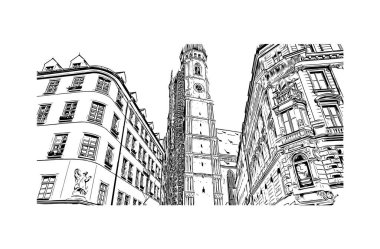 Print Building view with landmark of Münih is the city in Germany. Vektörde elle çizilmiş çizim çizimi.