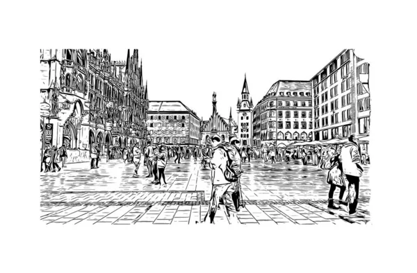 Print Building view with landmark of Münih is the city in Germany. Vektörde elle çizilmiş çizim çizimi.