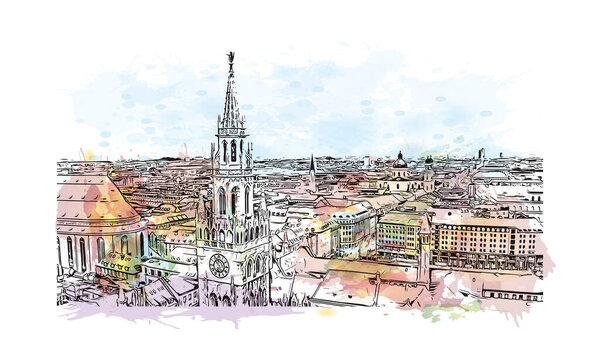 Print Building view with landmark of Munich is the city in Germany. Watercolor splash with hand drawn sketch illustration in vector.