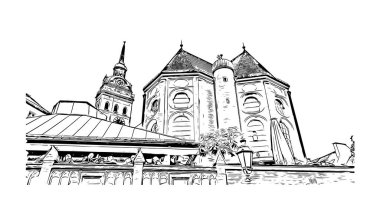 Print Building view with landmark of Münih is the city in Germany. Vektörde elle çizilmiş çizim çizimi.