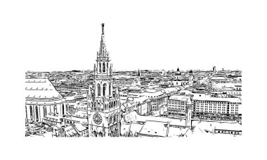 Print Building view with landmark of Münih is the city in Germany. Vektörde elle çizilmiş çizim çizimi.