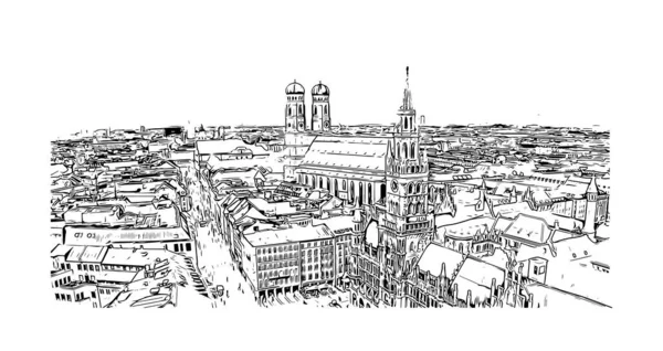 Print Building view with landmark of Münih is the city in Germany. Vektörde elle çizilmiş çizim çizimi.