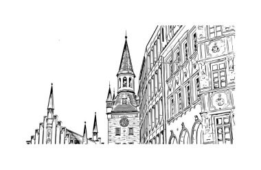 Print Building view with landmark of Münih is the city in Germany. Vektörde elle çizilmiş çizim çizimi.