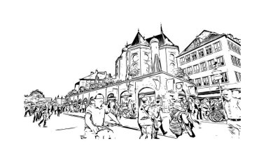 Print Building view with landmark of Münih is the city in Germany. Vektörde elle çizilmiş çizim çizimi.