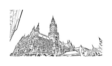 Print Building view with landmark of Münih is the city in Germany. Vektörde elle çizilmiş çizim çizimi.