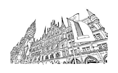 Print Building view with landmark of Münih is the city in Germany. Vektörde elle çizilmiş çizim çizimi.