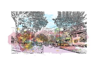 Print Building view with landmark of Kaprun is the icipding of Austria. Vektörde elle çizilmiş resim ile suluboya sıçraması.