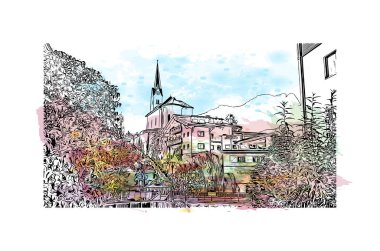 Print Building view with landmark of Kaprun is the icipding of Austria. Vektörde elle çizilmiş resim ile suluboya sıçraması.