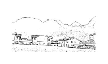 Print Building view with landmark of Kaprun is the icipding of Austria. Vektörde elle çizilmiş çizim çizimi.