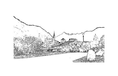 Print Building view with landmark of Kaprun is the icipding of Austria. Vektörde elle çizilmiş çizim çizimi.