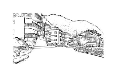 Print Building view with landmark of Kaprun is the icipding of Austria. Vektörde elle çizilmiş çizim çizimi.