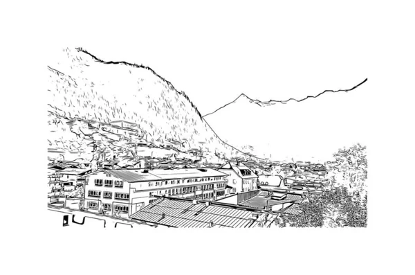 Print Building view with landmark of Kaprun is the icipding of Austria. Vektörde elle çizilmiş çizim çizimi.